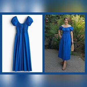 💙EUC H&M Blue Puff Sleeve Smocked Waistline Midi Dress